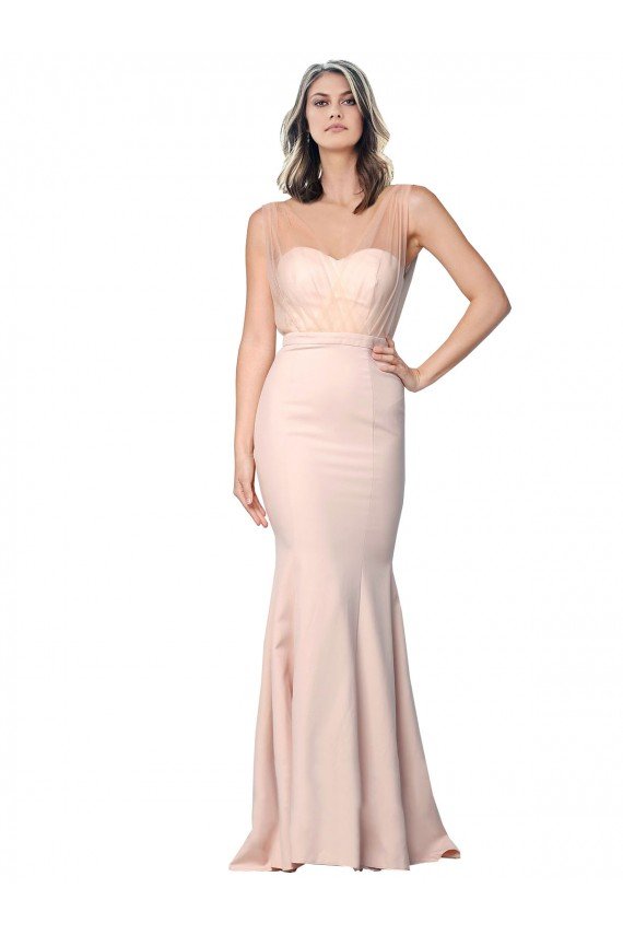 Outlet Full Length Sweetheart Formal Crepe Bridesmaid Dress / Prom Dress with Tulle Overlay