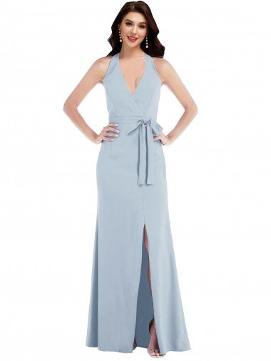 Outlet Open Back Halter Maxi Formal Crepe Bridesmaid Dress / Prom Dress with Draped Bow