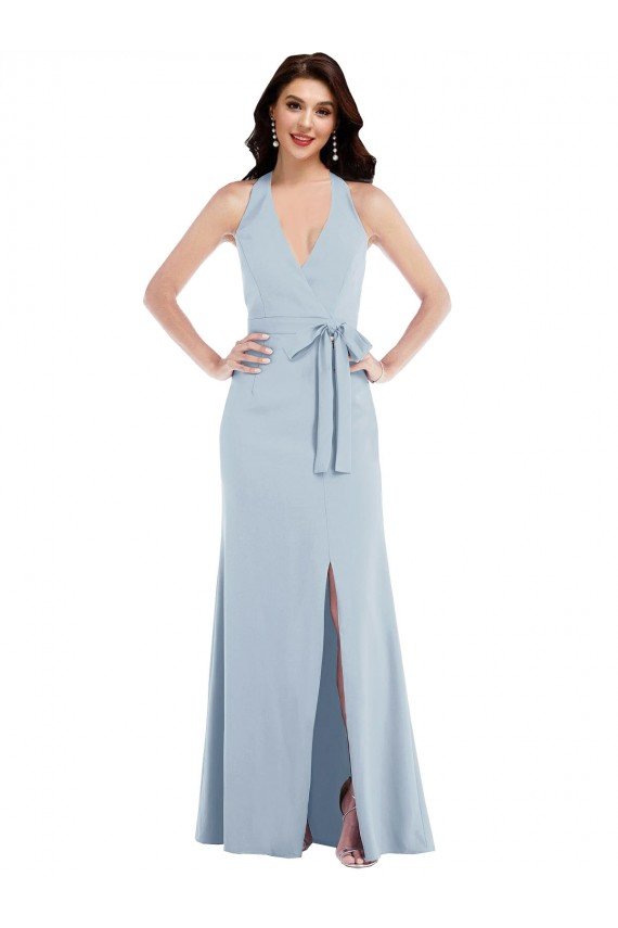 Outlet Open Back Halter Maxi Formal Crepe Bridesmaid Dress / Prom Dress with Draped Bow
