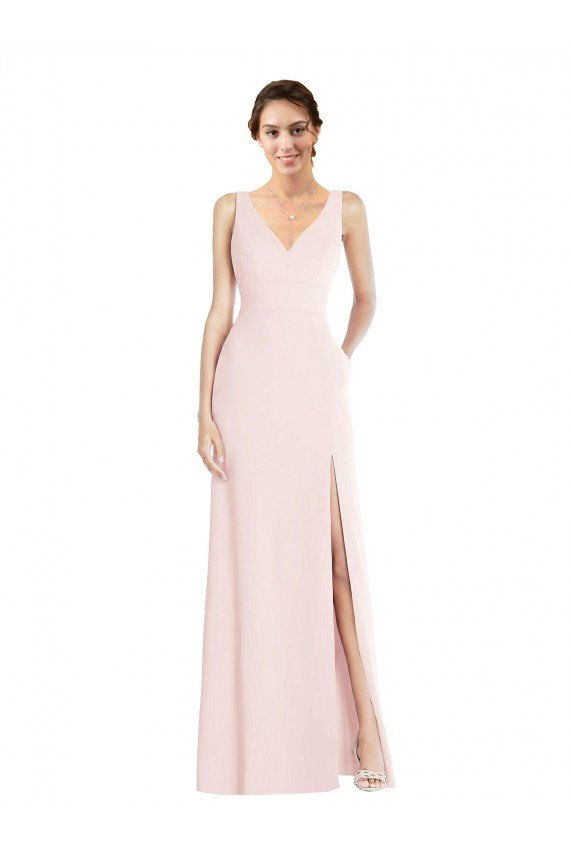Outlet Square Neck Low Back A-Line Bridesmaid Dress / Prom Dress with Front Slit and Pockets