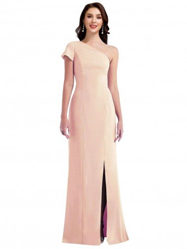 Outlet One Shoulder Cap Sleeves Trumpet Formal Crepe Bridesmaid Dress / Prom Dress with Front Slit