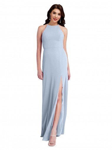 Outlet Fit and Flare High Neck Formal Crepe Bridesmaid Dress / Prom Dress with Side Slit