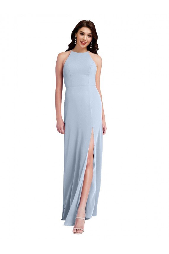 Outlet Fit and Flare High Neck Formal Crepe Bridesmaid Dress / Prom Dress with Side Slit