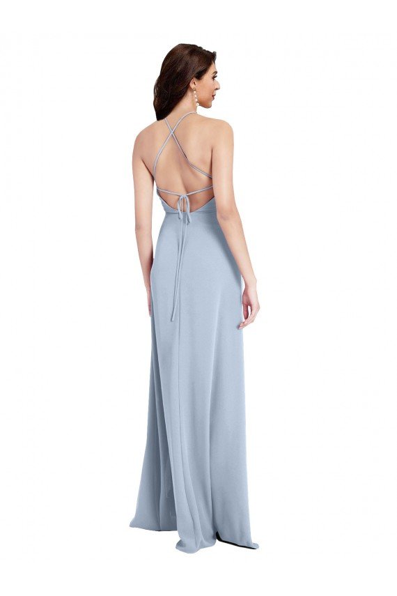 Outlet Fit and Flare High Neck Formal Crepe Bridesmaid Dress / Prom Dress with Side Slit