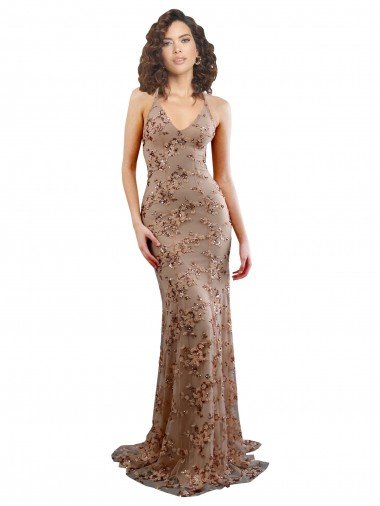 Outlet Floral Patterned Backless V-Neckline Sequin Formal Bridesmaid Dress / Prom Dress