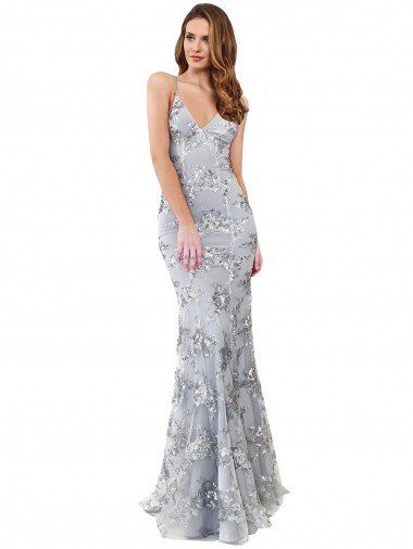 Outlet Silver V-Neckline Backless Floral Patterned Sequin Formal Bridesmaid Dress / Prom Dress