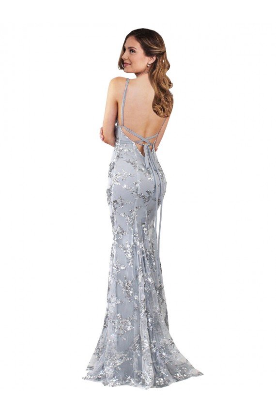 Outlet Silver V-Neckline Backless Floral Patterned Sequin Formal Bridesmaid Dress / Prom Dress