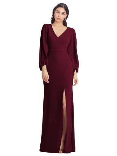 Outlet Long Puff Sleeve V-Neck Trumpet Bridesmaid Maxi Dress