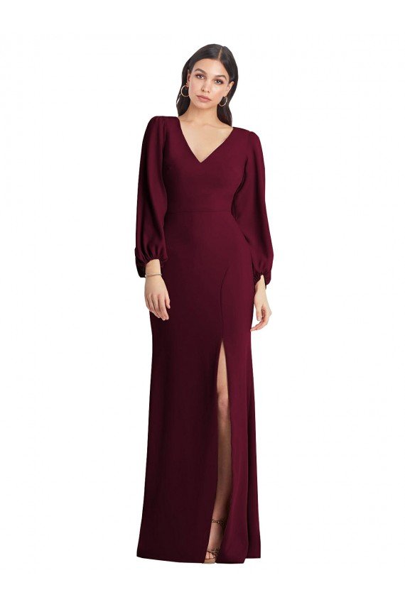 Outlet Long Puff Sleeve V-Neck Trumpet Bridesmaid Maxi Dress