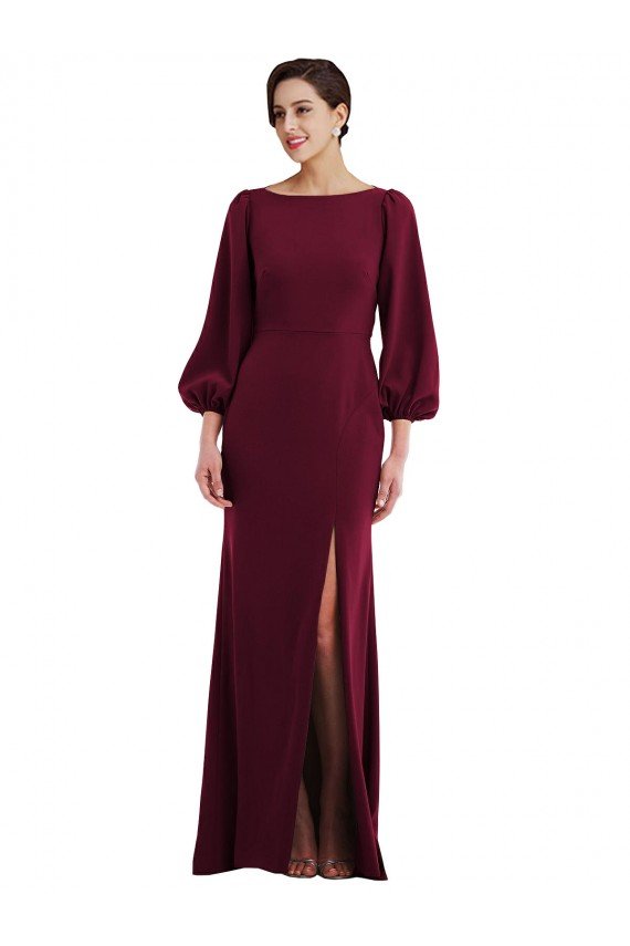 Outlet Bishop Sleeve Open Back Trumpet Formal Crepe Bridesmaid Dress / Prom Dress with Scarf Tie