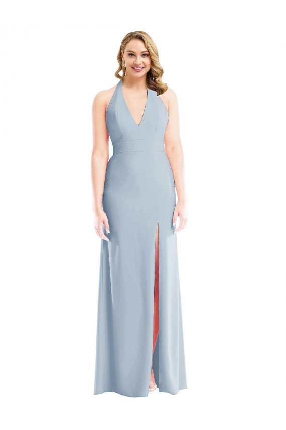Outlet Plunge Neck Halter Backless Trumpet Bridesmaid Dress / Prom Dress with Front Slit