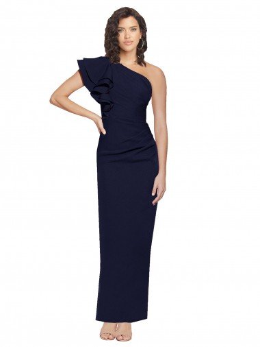 Outlet Ruched Floor Length Long Formal Crepe Bridesmaid Dress / Prom Dress with Shoulder Ruffles