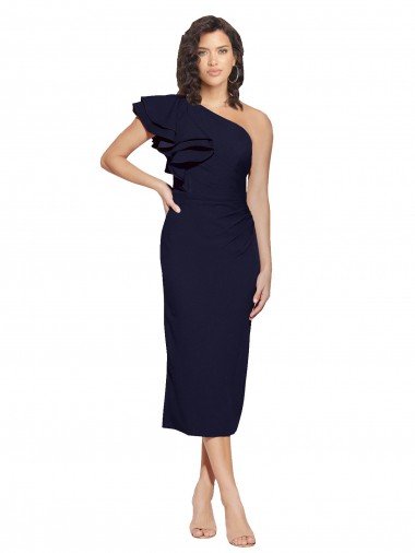 Outlet Ruched Midi Length Short Cocktail Formal Crepe Bridesmaid Dress / Prom Dress with Shoulder Ruffles