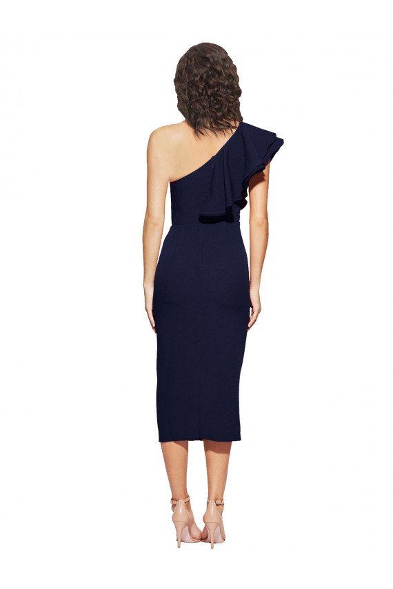 Outlet Ruched Midi Length Short Cocktail Formal Crepe Bridesmaid Dress / Prom Dress with Shoulder Ruffles