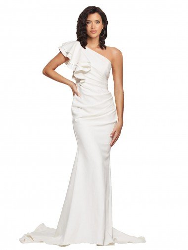 Outlet Ruched Long Sweep Train Crepe Bridesmaid Dress / Prom Dress with Shoulder Ruffles