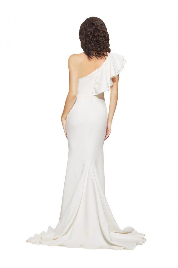 Outlet Ruched Long Sweep Train Crepe Bridesmaid Dress / Prom Dress with Shoulder Ruffles