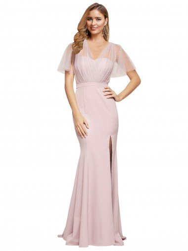 Outlet Crepe Long Sweetheart Neckline Formal Bridesmaid Dress / Prom Dress with Tulle Overlay Shoulders