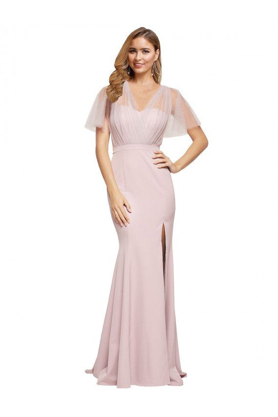 Outlet Crepe Long Sweetheart Neckline Formal Bridesmaid Dress / Prom Dress with Tulle Overlay Shoulders