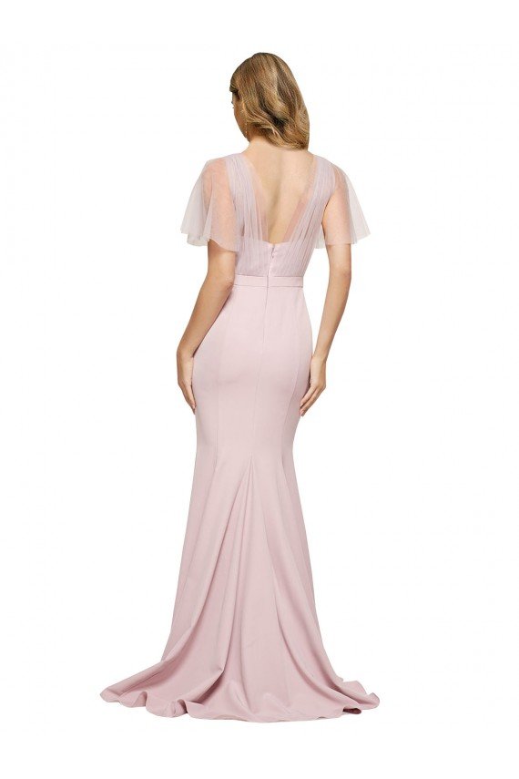 Outlet Crepe Long Sweetheart Neckline Formal Bridesmaid Dress / Prom Dress with Tulle Overlay Shoulders
