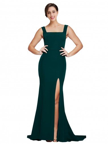 Outlet Fitted Square Neck Long Crepe Bridesmaid Dress / Prom Dress with Train and Side Split