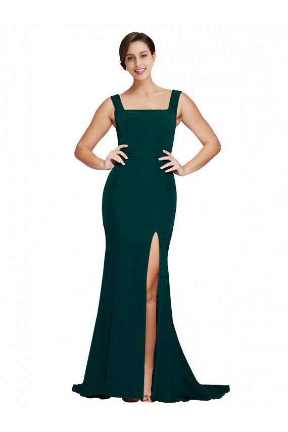 Outlet Fitted Square Neck Long Crepe Bridesmaid Dress / Prom Dress with Train and Side Split