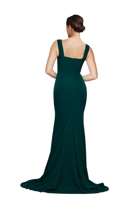 Outlet Fitted Square Neck Long Crepe Bridesmaid Dress / Prom Dress with Train and Side Split