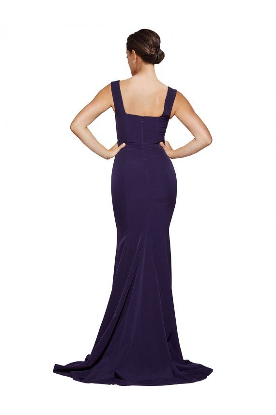Outlet Square Neck Long Sweep Train Crepe Bridesmaid Dress / Prom Dress with Thick Straps