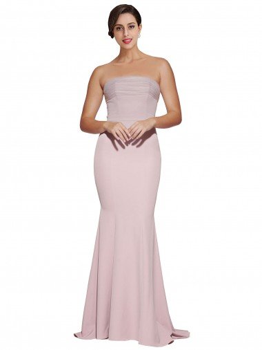 Outlet Straight Neck Long Strapless Formal Crepe Bridesmaid Dress / Prom Dress with Soft Tulle Overlay and Small Train