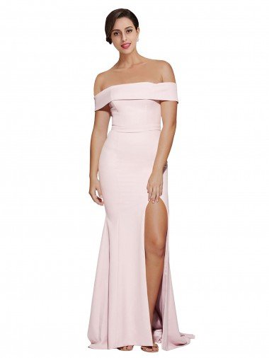 Outlet Off Shoulder Long Formal Crepe Bridesmaid Dress / Prom Dress with Straight Neckline and Side Split