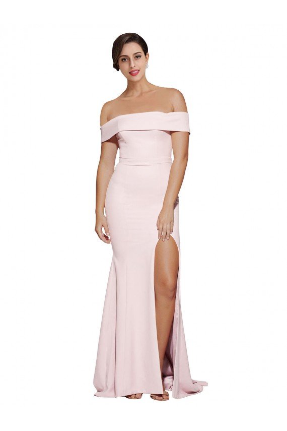 Outlet Off Shoulder Long Formal Crepe Bridesmaid Dress / Prom Dress with Straight Neckline and Side Split