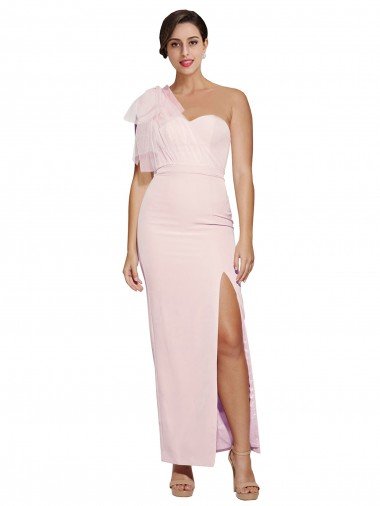 Outlet One Shoulder Tulle Overlay Sweetheart Neckline Long Formal Crepe Bridesmaid Drss with Thigh Split