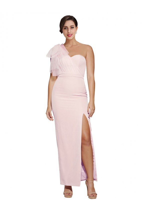 Outlet One Shoulder Tulle Overlay Sweetheart Neckline Long Formal Crepe Bridesmaid Drss with Thigh Split