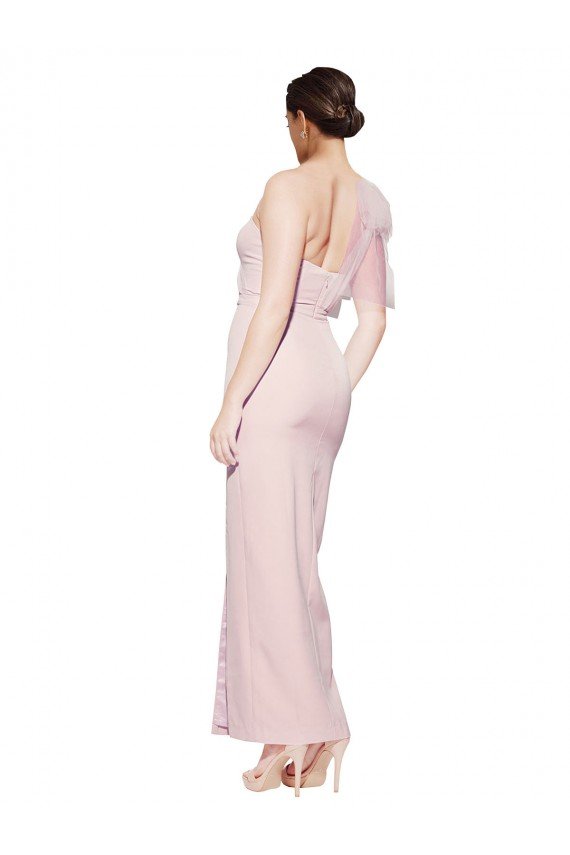 Outlet One Shoulder Tulle Overlay Sweetheart Neckline Long Formal Crepe Bridesmaid Drss with Thigh Split