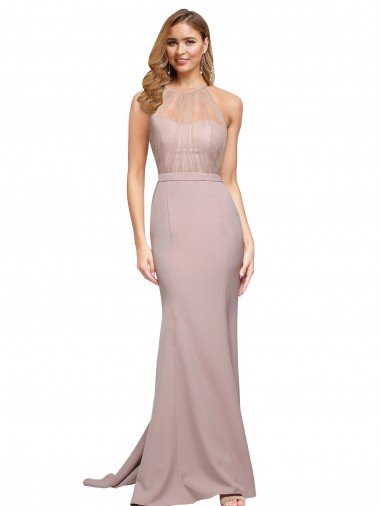 Outlet Long Sweetheart Formal Crepe Bridesmaid Dress / Prom Dress with High Neck Illusion Tulle Details