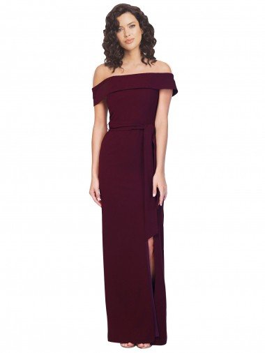 Outlet Fitted Full Length Off the Shoulder Formal Crepe Bridesmaid Dress / Prom Dress with Side Split and Waist Tie