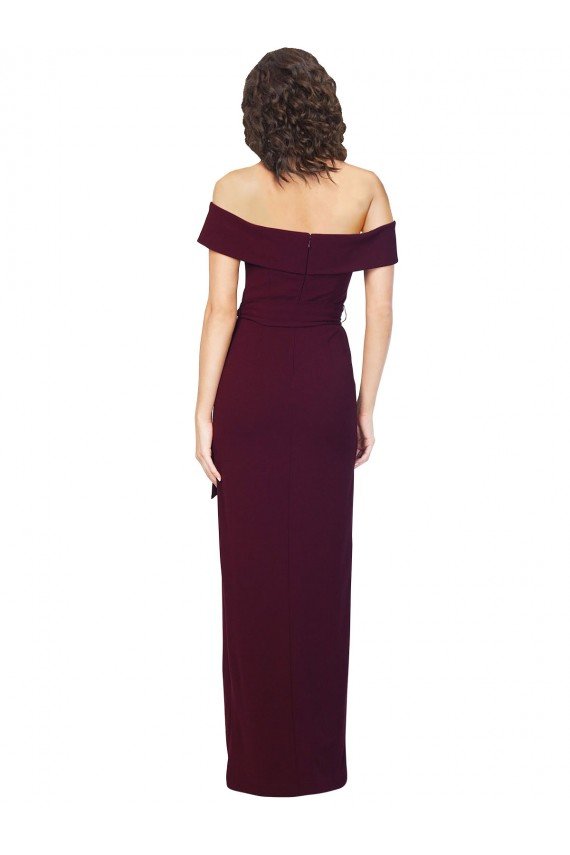 Outlet Fitted Full Length Off the Shoulder Formal Crepe Bridesmaid Dress / Prom Dress with Side Split and Waist Tie