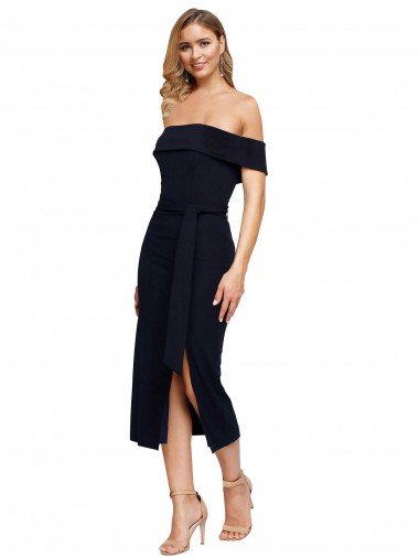 Outlet Fitted Short Cocktail Midi Length Off the Shoulder Formal Crepe Bridesmaid Dress / Prom Dress with Side Split and Waist Tie