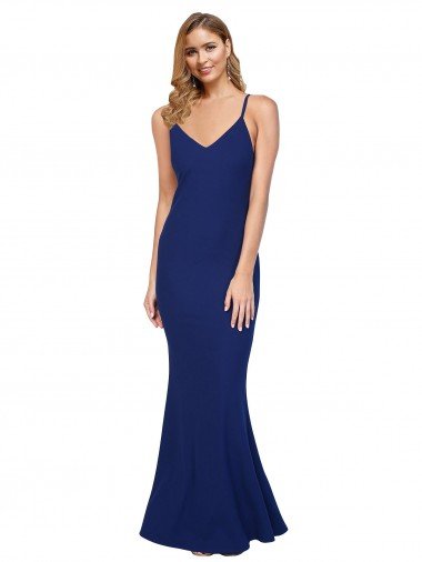 Outlet Full Length V-Neckline Formal Crepe Bridesmaid Dress / Prom Dress with Thin Straps and Fulted Skirt