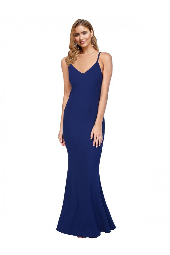 Outlet Full Length V-Neckline Formal Crepe Bridesmaid Dress / Prom Dress with Thin Straps and Fulted Skirt