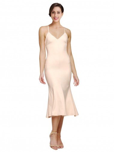 Outlet Midi Cocktail Length V-Neckline Crepe Bridesmaid Dress / Prom Dress with Thin Straps and Fulted Skirt