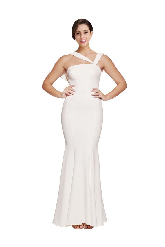 Outlet Full Length Square Neck Formal Crepe Bridesmaid Dress / Prom Dress with Asymmetrical Straps and Bow Back