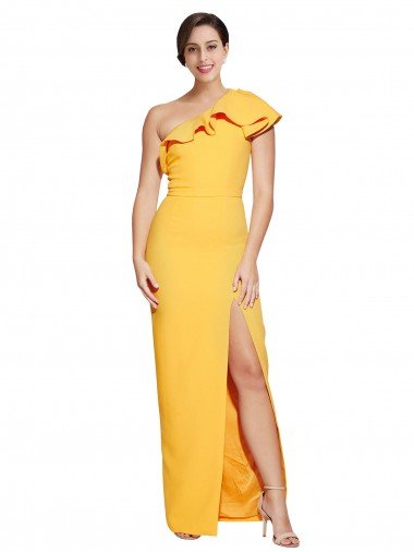 Outlet One Shoulder Floor Length Formal Crepe Bridesmaid Dress / Prom Dress with Thigh High Split
