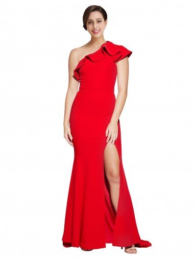 Outlet One Shoulder Long Sweep Train Crepe Bridesmaid Dress / Prom Dress with Thigh High Split