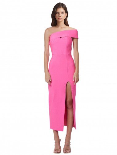 Outlet One Shoulder Neckline Short Midi Length Formal Crepe Bridesmaid Dress / Cocktail Prom Dress