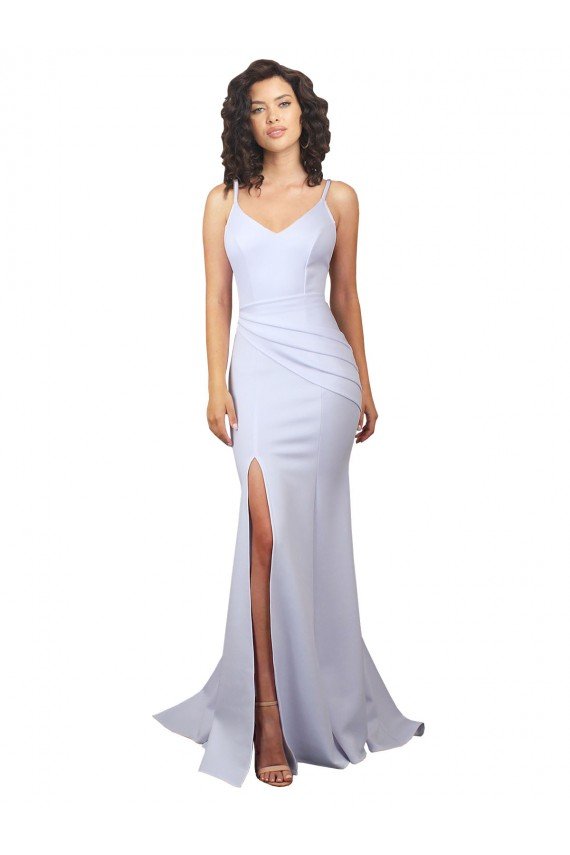 Outlet Simple Mermaid V-Neck Long Crepe Beach Wedding Dress with Right Slit
