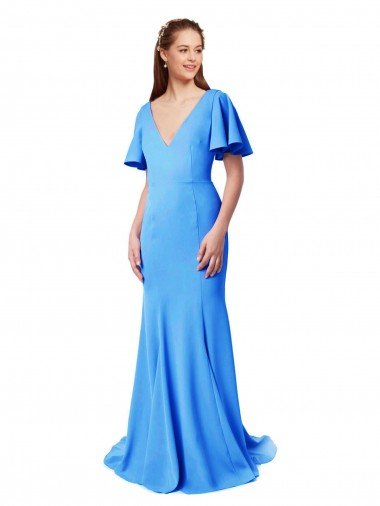 Outlet Short Sleeves Long V-Neck Crepe Bridesmaid Dress / Prom Dress with V-Back