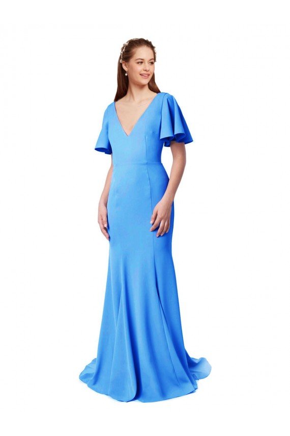 Outlet Short Sleeves Long V-Neck Crepe Bridesmaid Dress / Prom Dress with V-Back