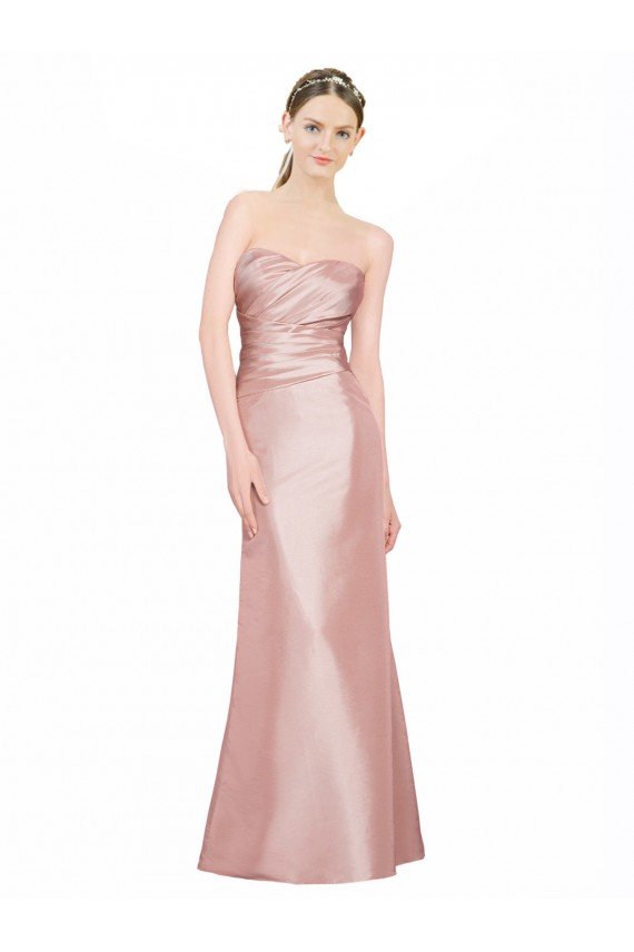 Outlet Long Strapless Formal Stretch Satin Bridesmaid Dress / Prom Dress with Pleats and Low Back