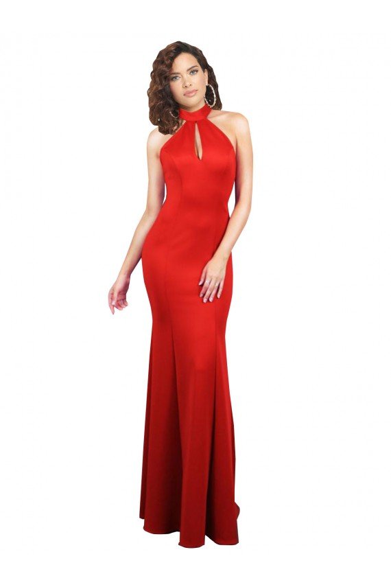 Outlet Halter Neck keyhole Front Back Long Formal Stretch Satin Bridesmaid Dress / Prom Dress