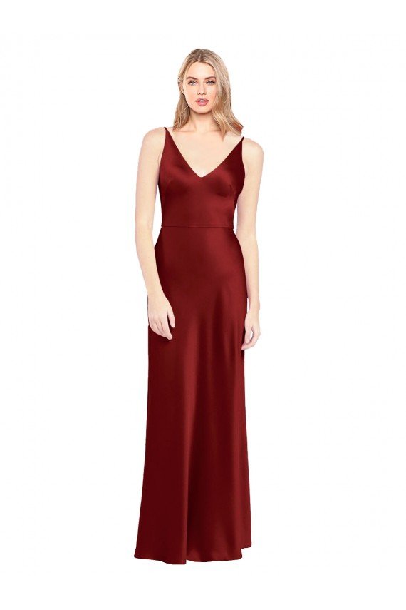 Outlet Full Length Long Formal Stretch Satin Slip Bridesmaid Dress / Prom Dress V-Back